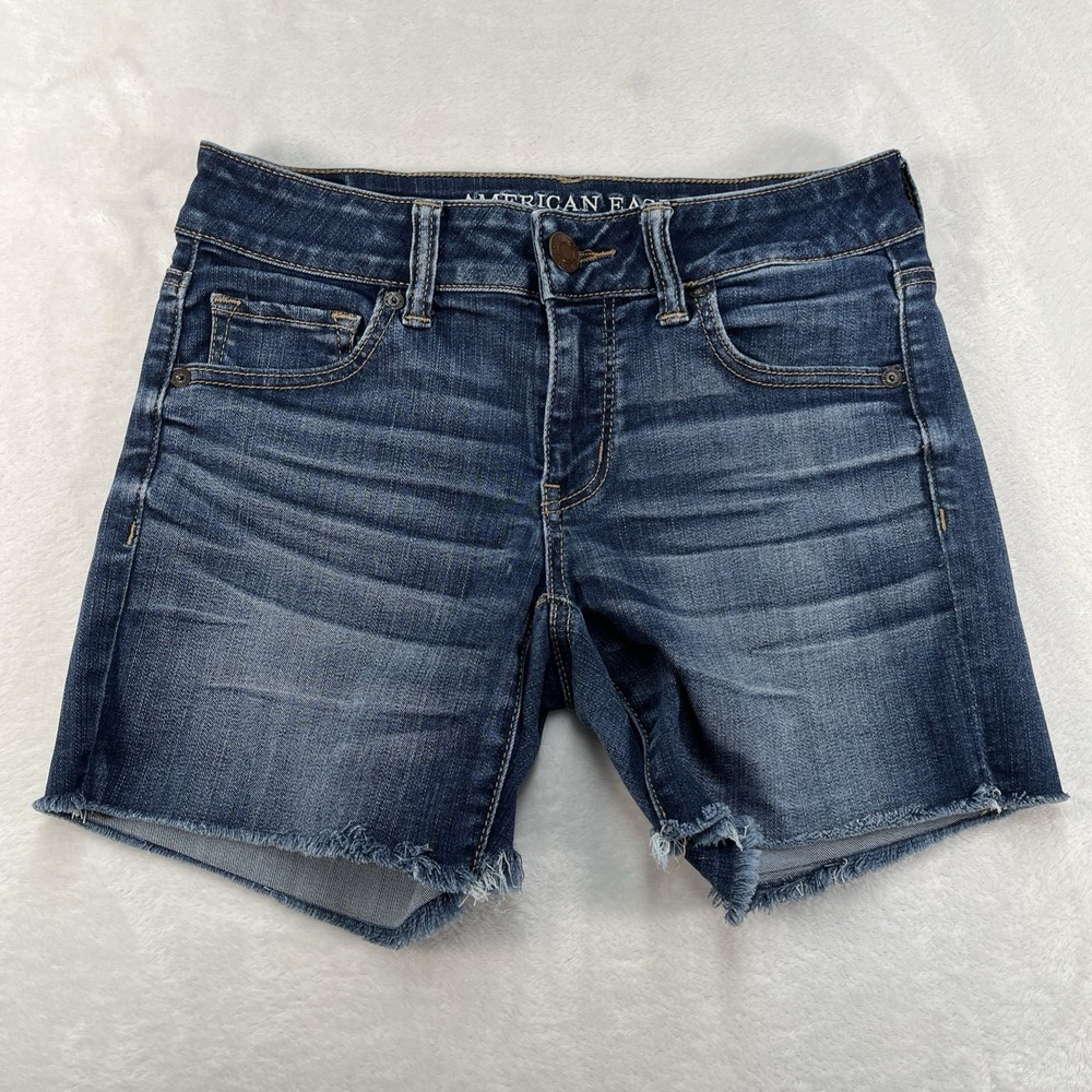 American Eagle Super Super Stretch Midi Shorts Womens 4 Denim Raw Hem Coastal